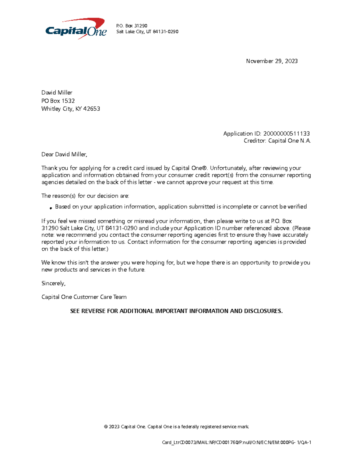Adverse Action Letter-1 - P. Box 31290 Salt Lake City, UT 84131 ...