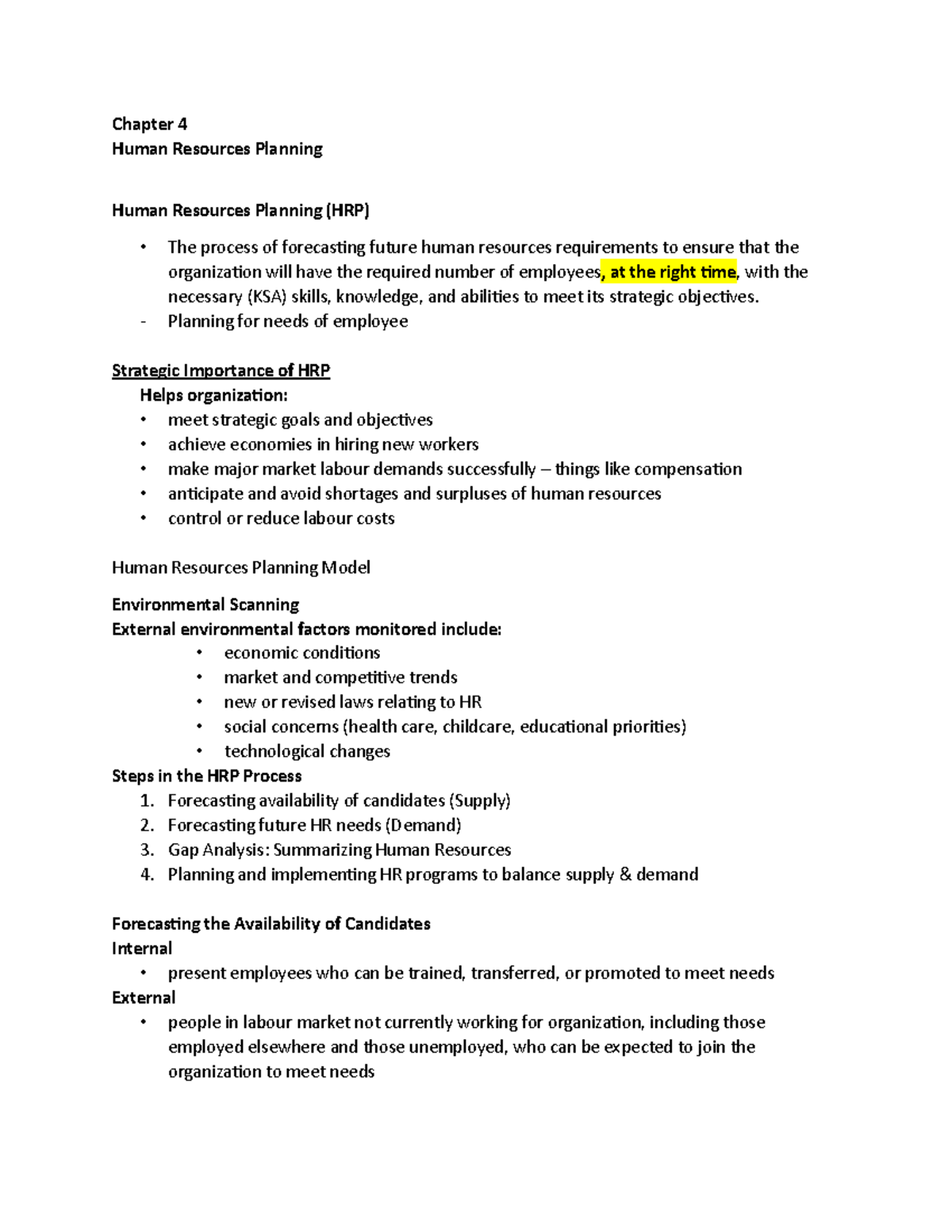 Marketing Planning Notes Chapter 4 Human Resources Planning Human