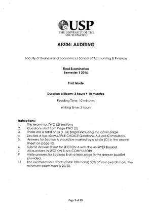 AF304 MST Paper With Answers 2016 - Auditing - USP - Studocu