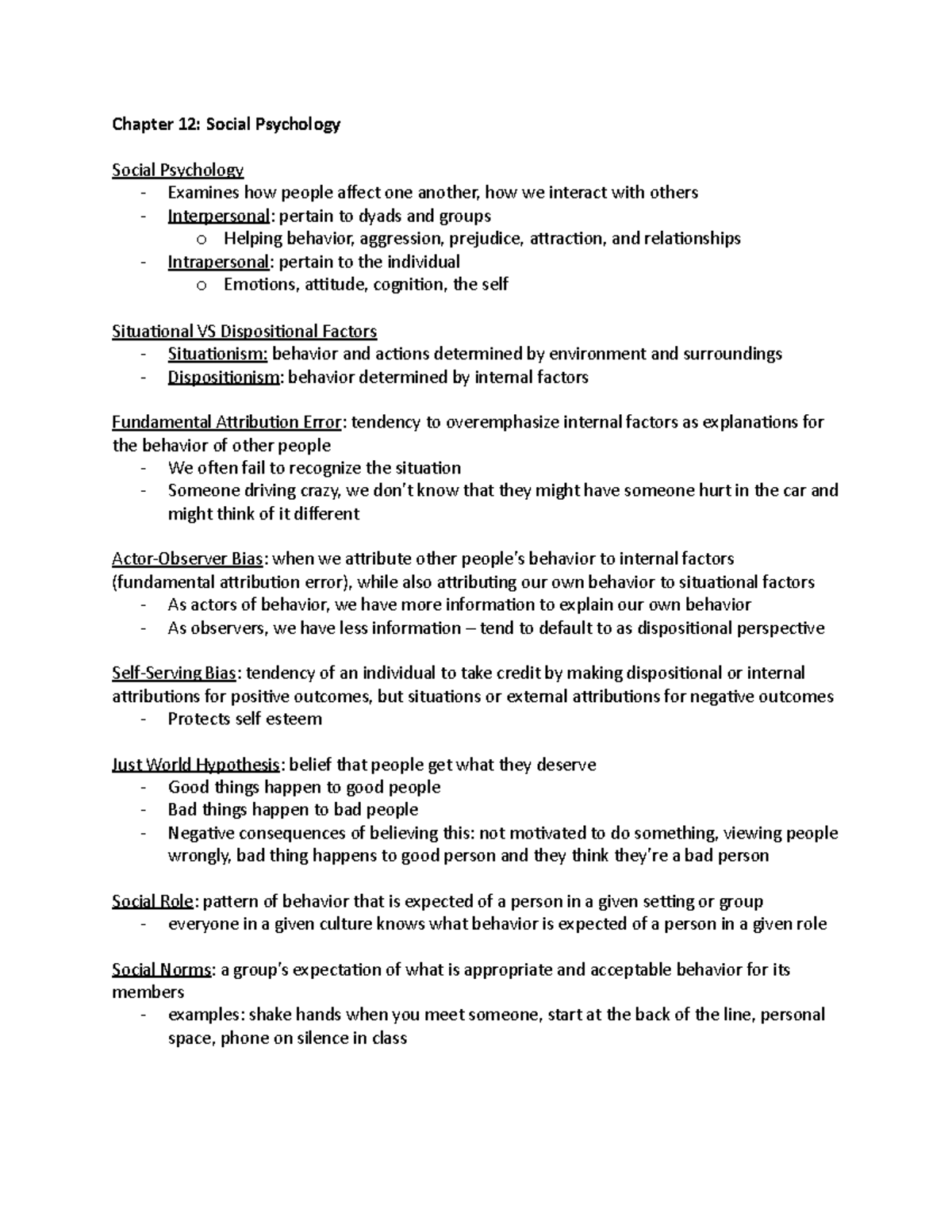 Psychology Chapter 12 Notes - Chapter 12: Social Psychology Social ...