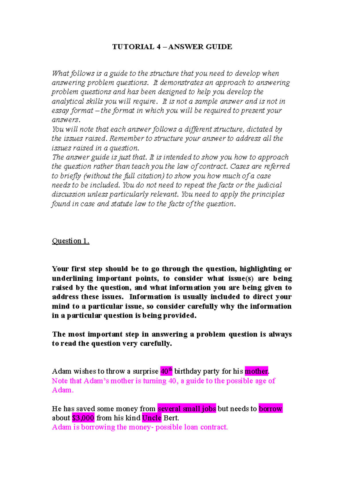 Tutorial 4 - contract formation- answer - TUTORIAL 4 – ANSWER GUIDE ...