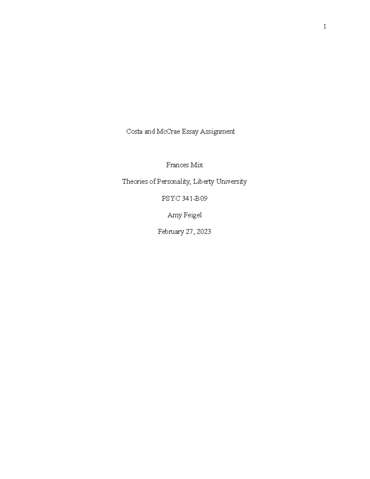 Costa and Mc Crae Essay Assignment - Costa and McCrae Essay Assignment ...