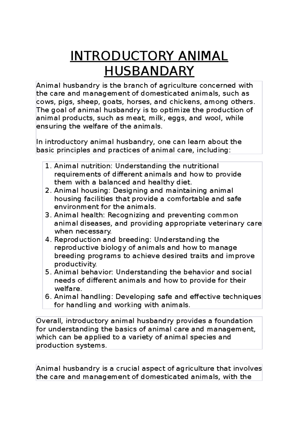 Introductory Animal Husbandary INTRODUCTORY ANIMAL HUSBANDARY Animal