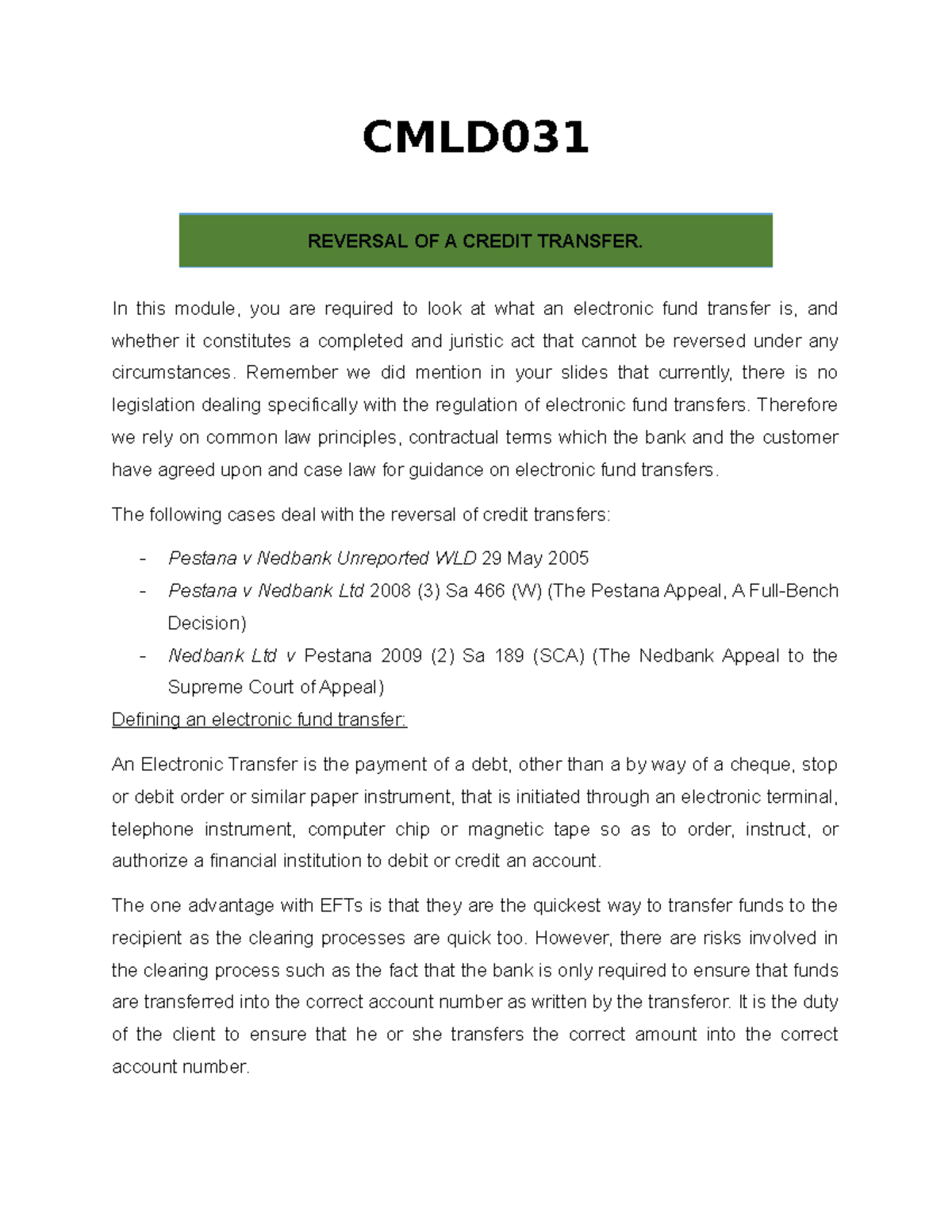 4A. Reversal of electornic fund transfers CMLD REVERSAL OF A CREDIT