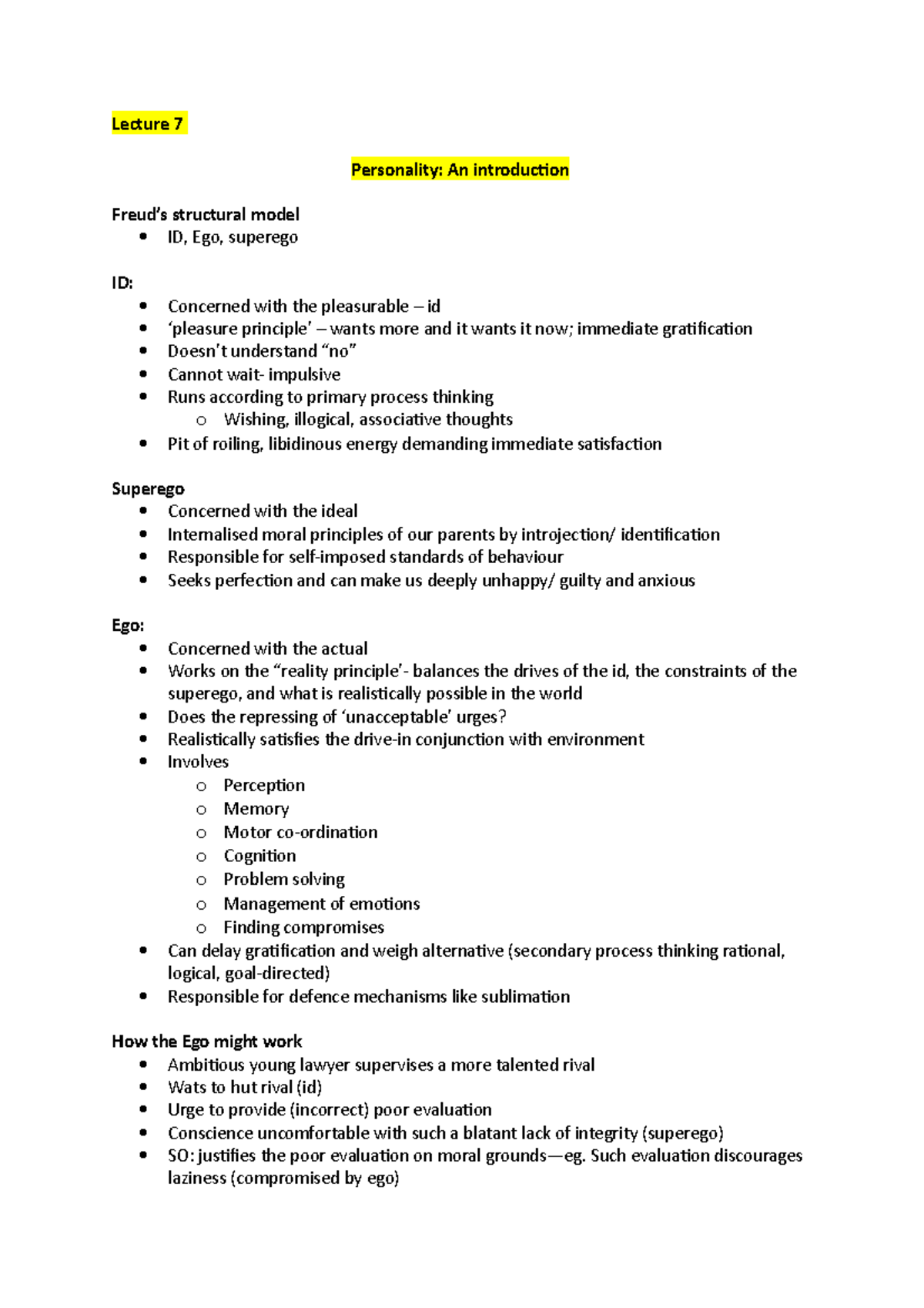 Psych Lecture 7 - Lecture 7 Personality: An introduction Freud’s ...