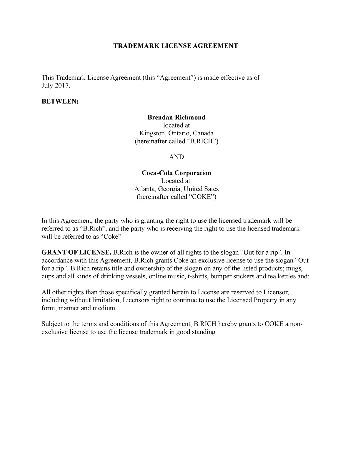 Trademark sale license agreement