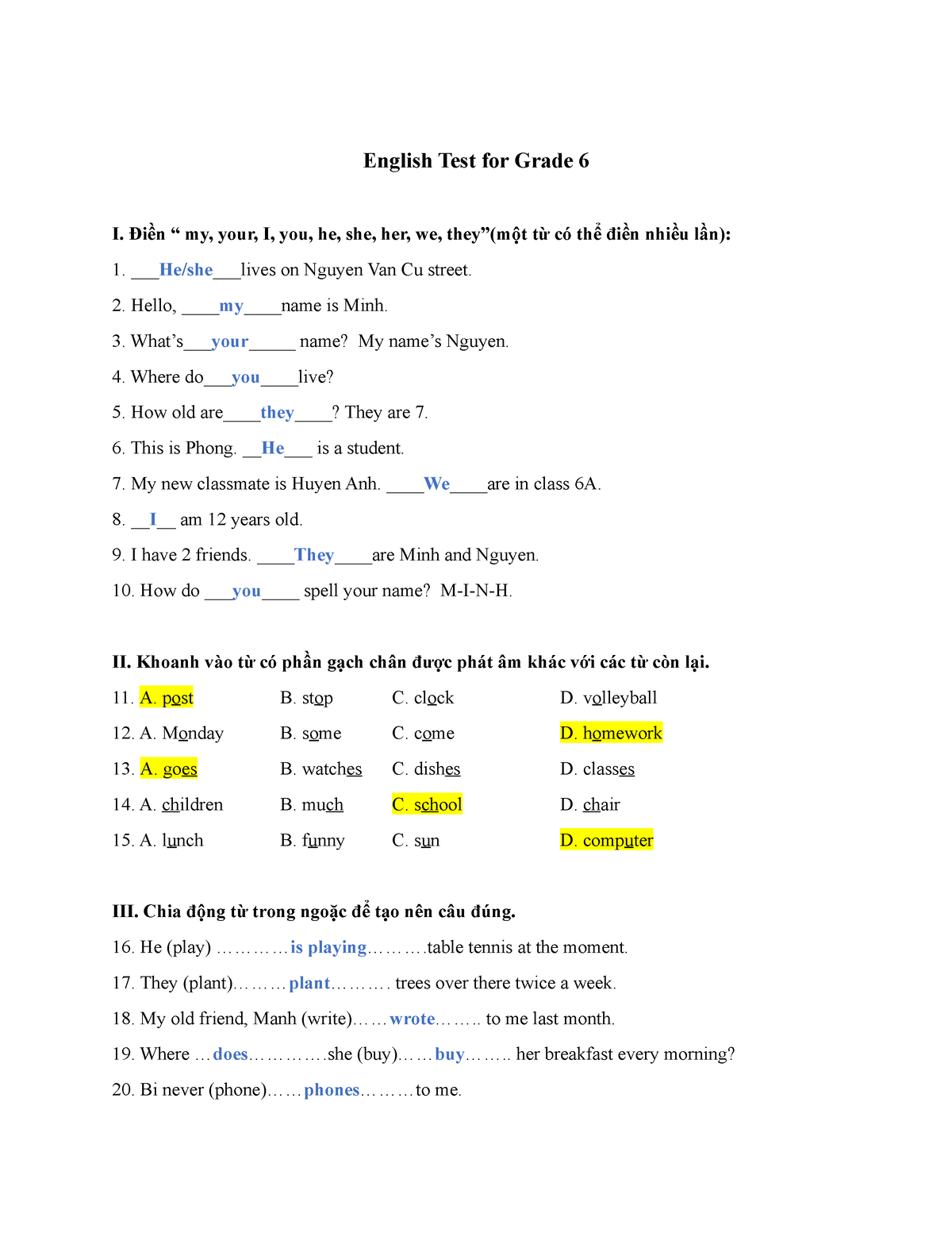 English Test For Grade 6