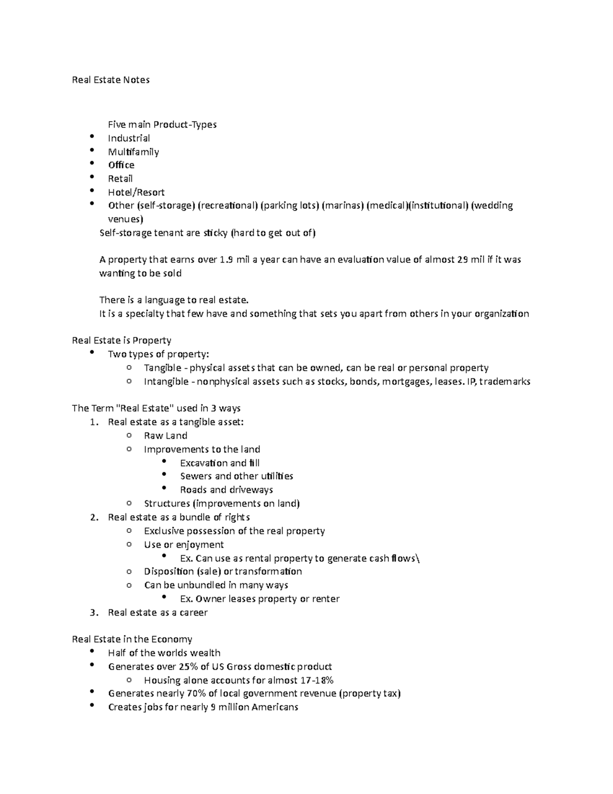 Real Estate Notes Real Estate Notes Five main ProductTypes