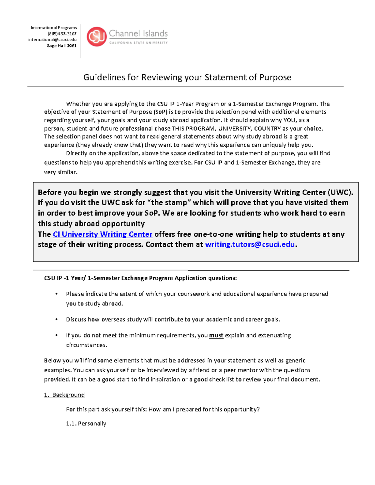 Statement Of Purpose Guidelines International Programs 805 437 