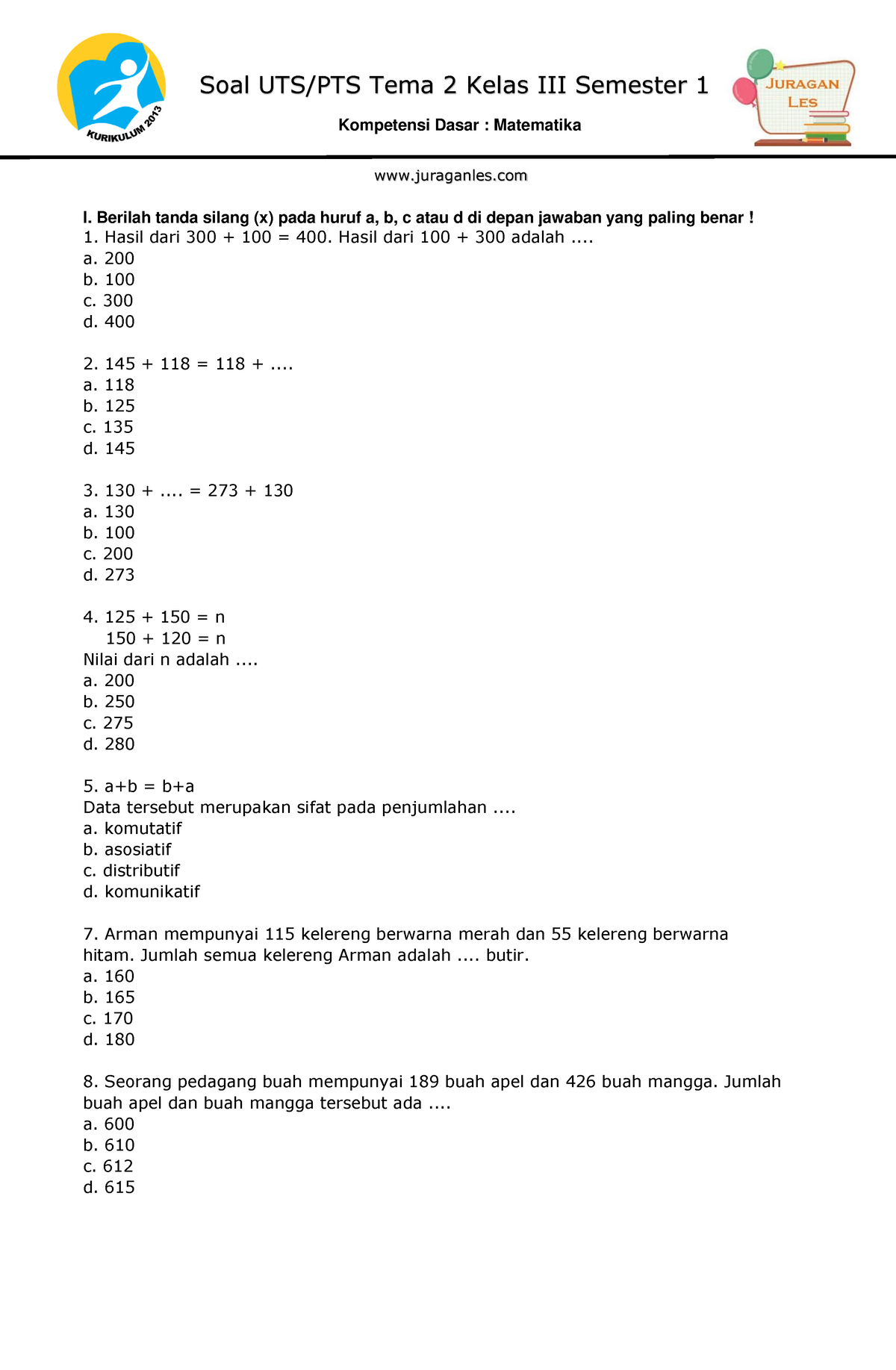 Soal UTS PTS Tema 2 Kelas 3 Semester 1 Matematika - Kompetensi Dasar ...