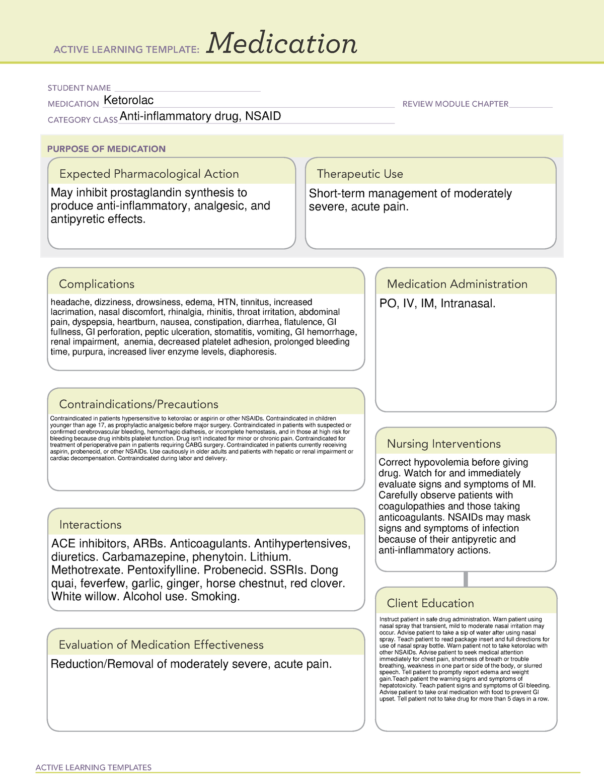 ATI medication template Ketorolac filled in ACTIVE LEARNING