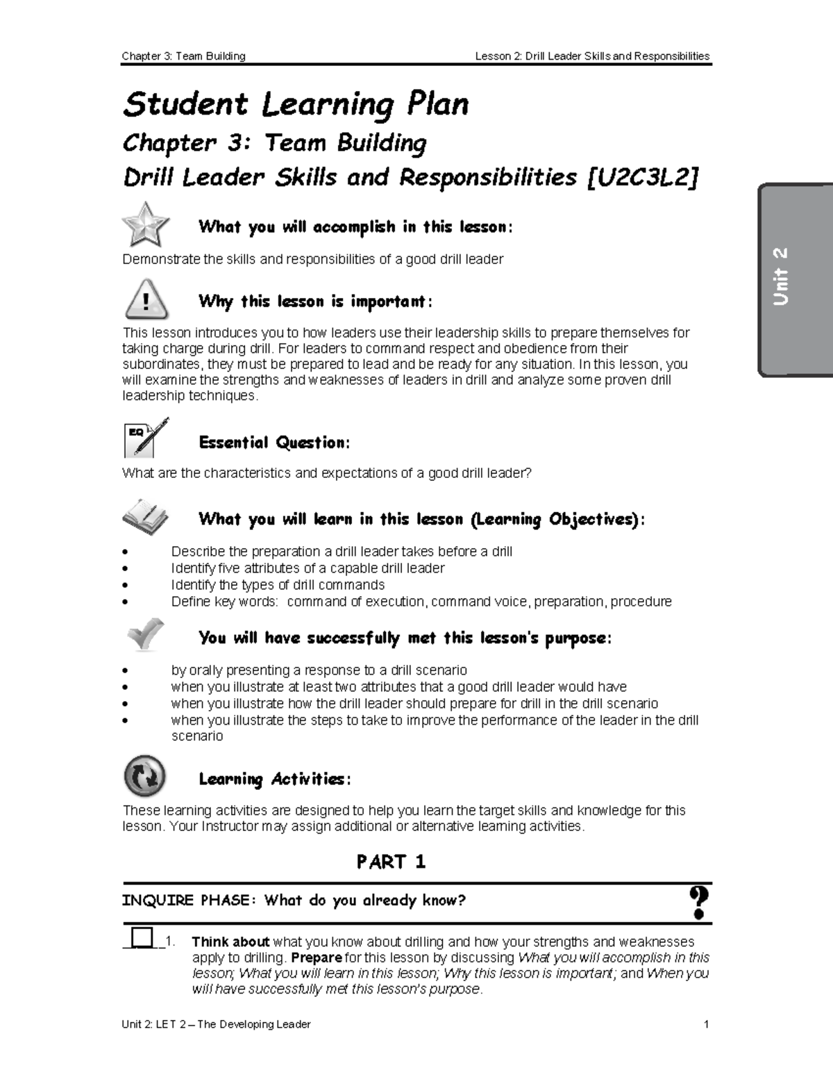 U2C3L2A Student Learning Plan Drill leader skills Chapter 3 Team