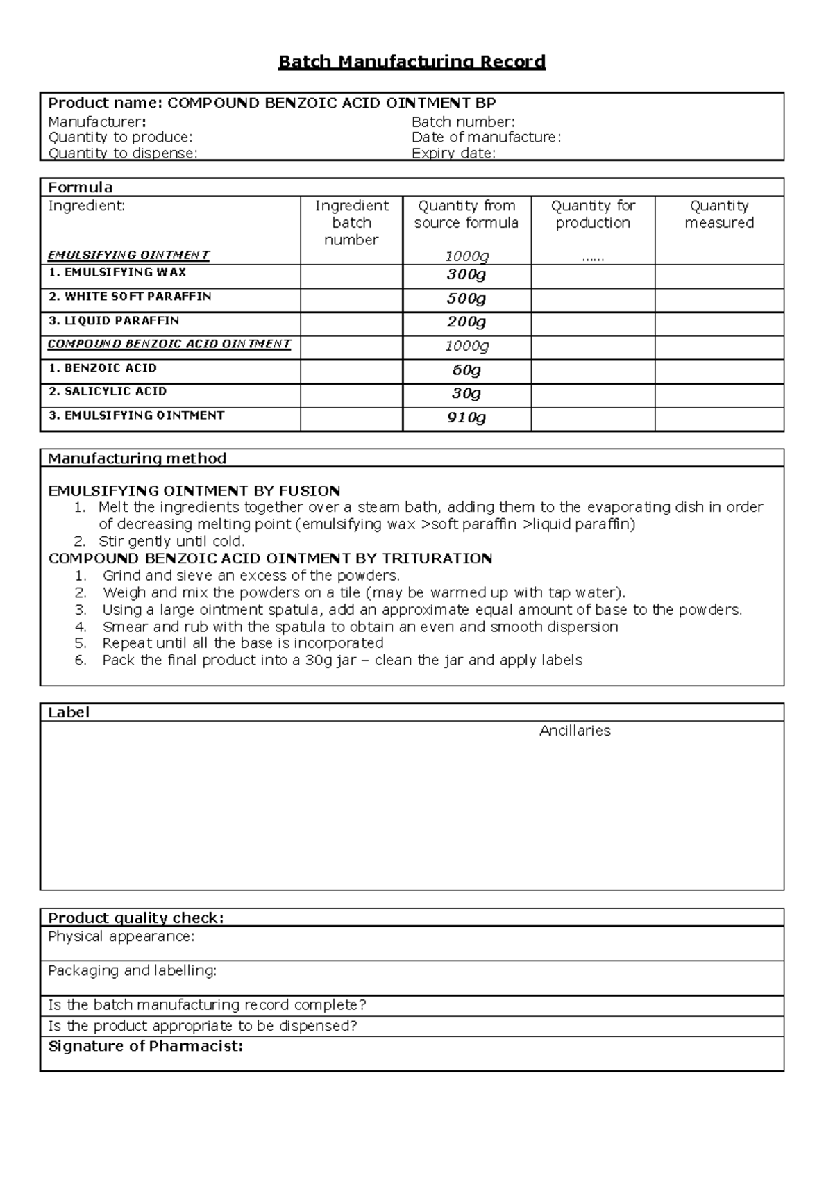 BMR Compound Benzoic Acid Ointment BP - Batch Manufacturing Record ...