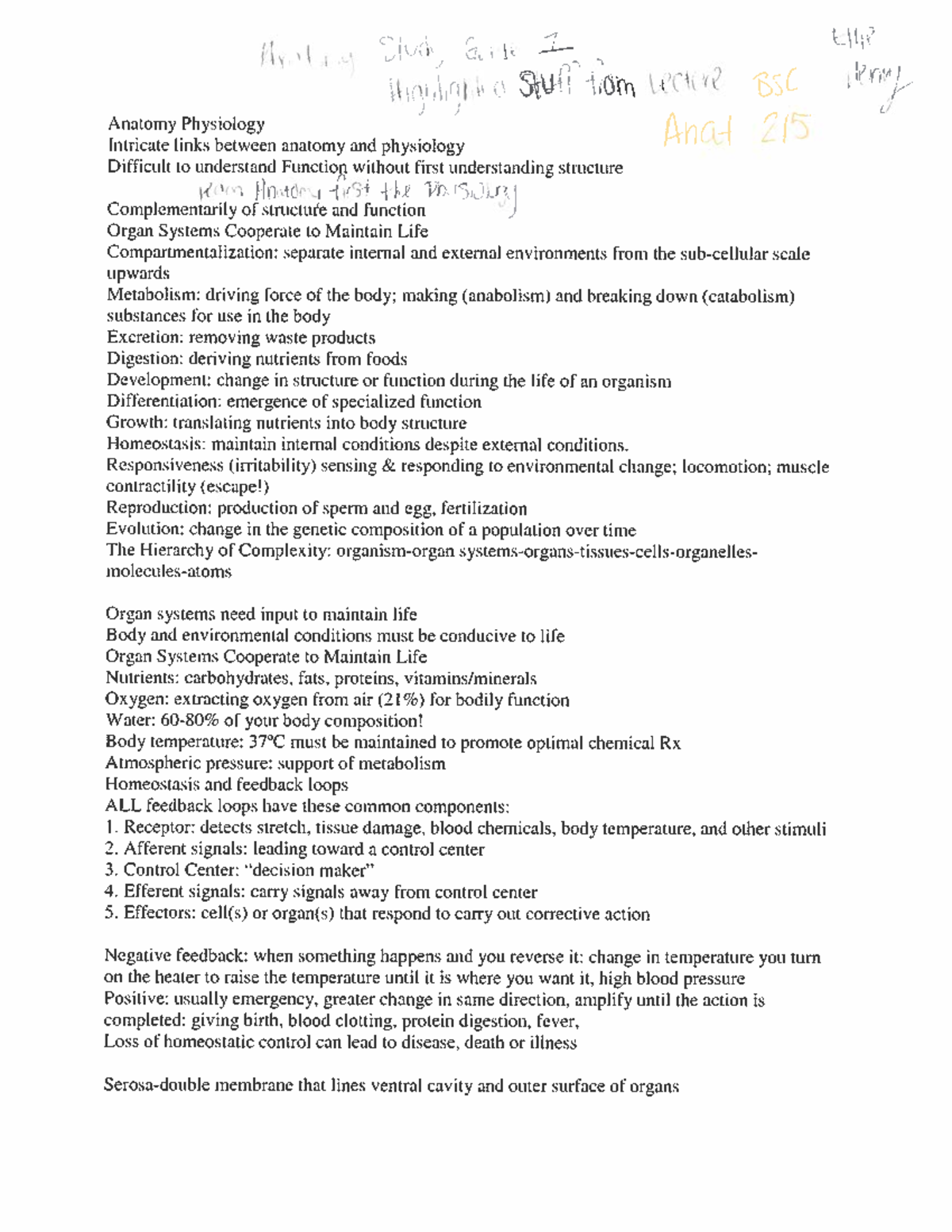 Study Guide 1 for anatomy one BSC 215 Alabama Studocu