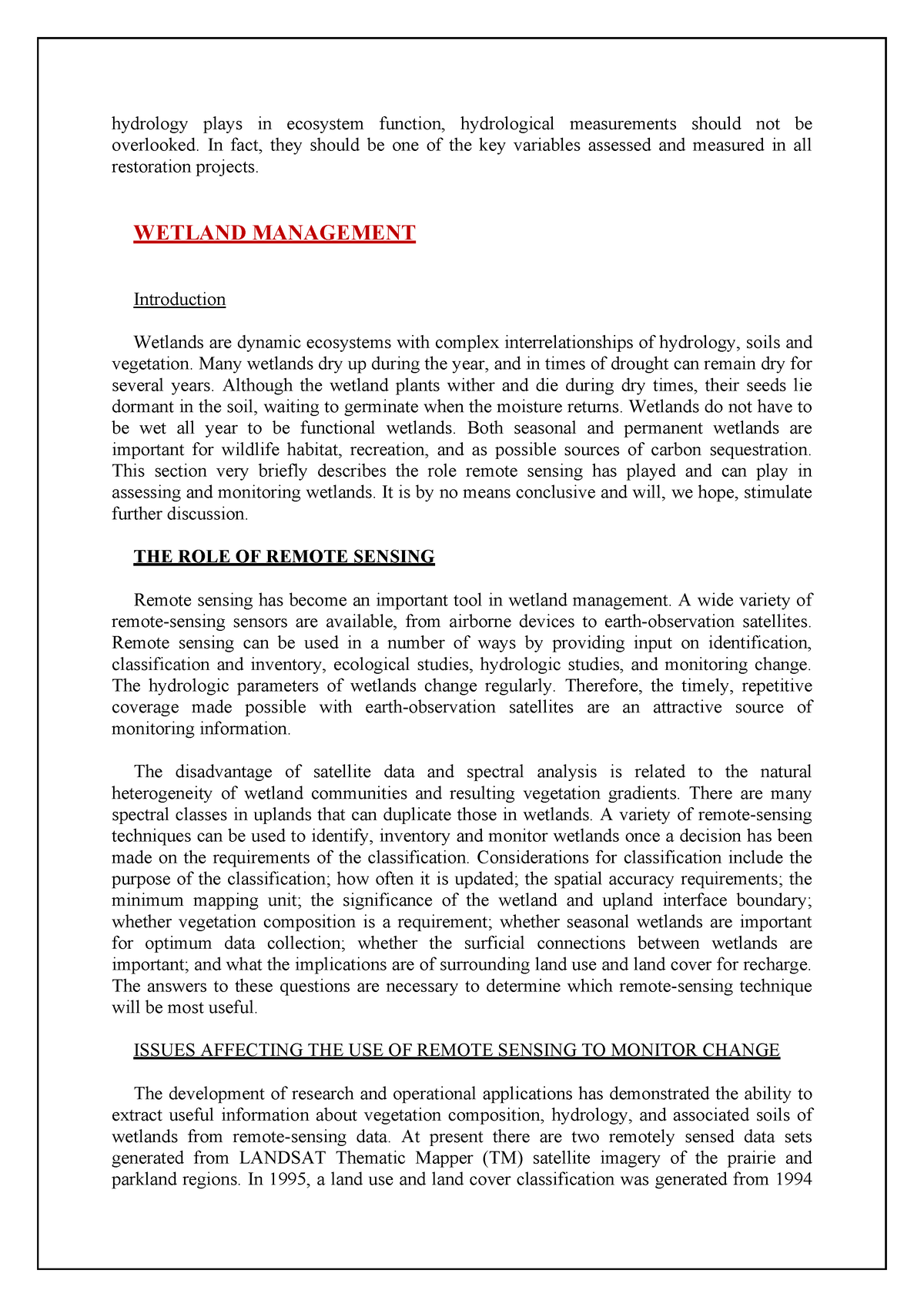 Wetland Hydrology assignment 10 - hydrology plays in ecosystem function ...