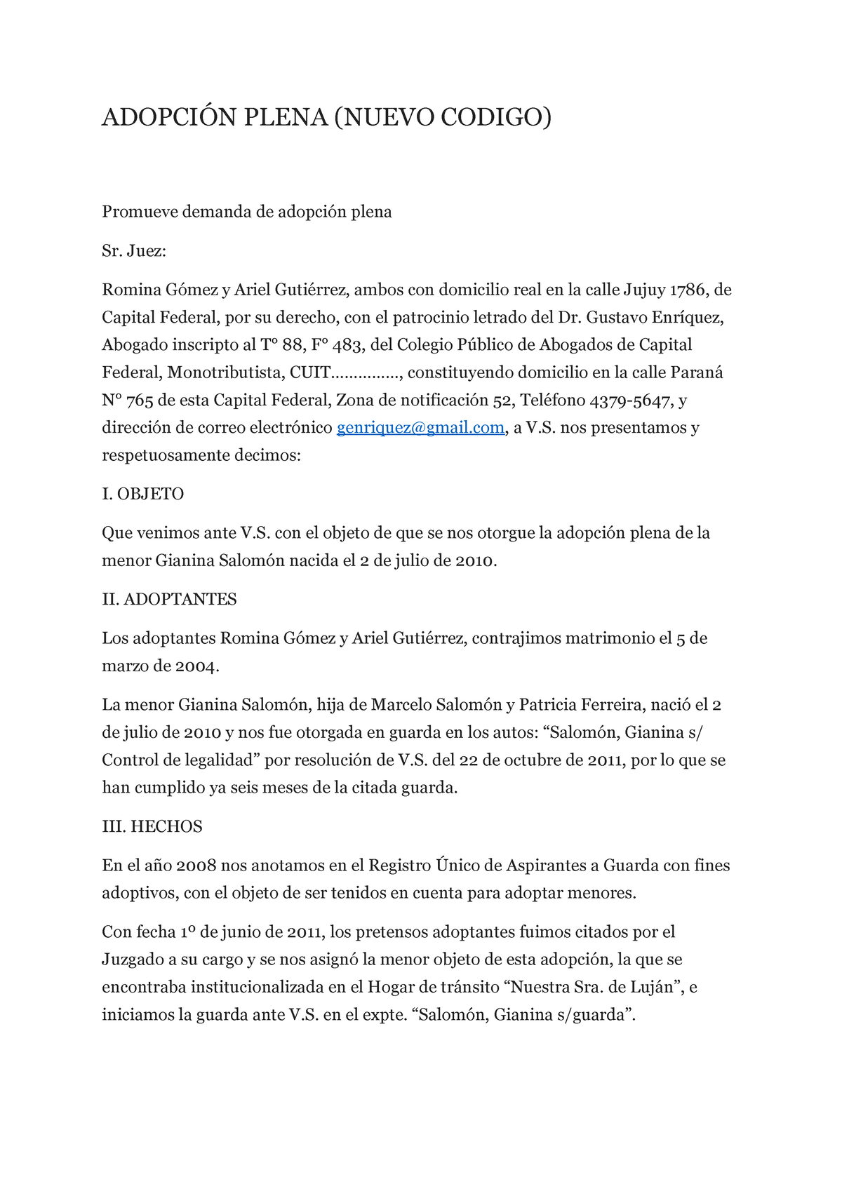 PPP3 Adopcion Plena - modelos de escritos - ADOPCIÓN PLENA (NUEVO CODIGO)  Promueve demanda de - Studocu
