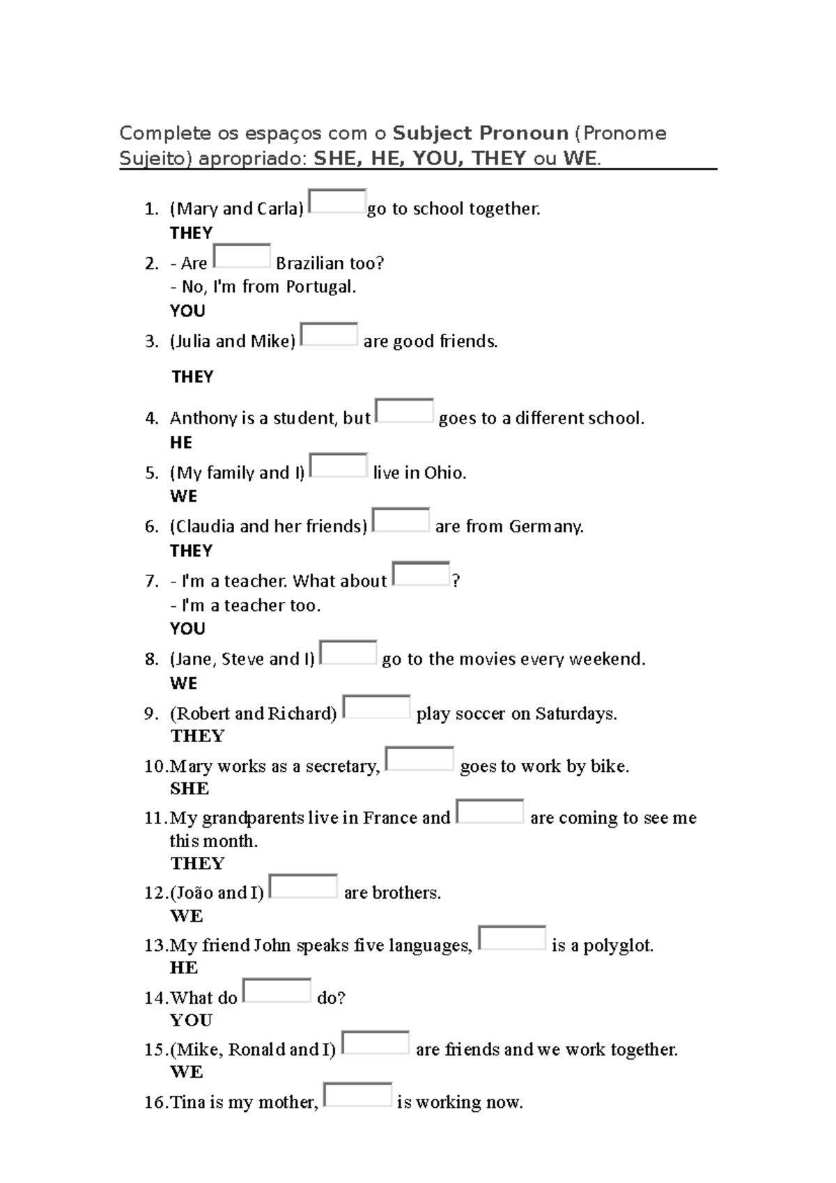 Exercícios Corrigidos Subject Pronoun Complete Os Espaços Com O