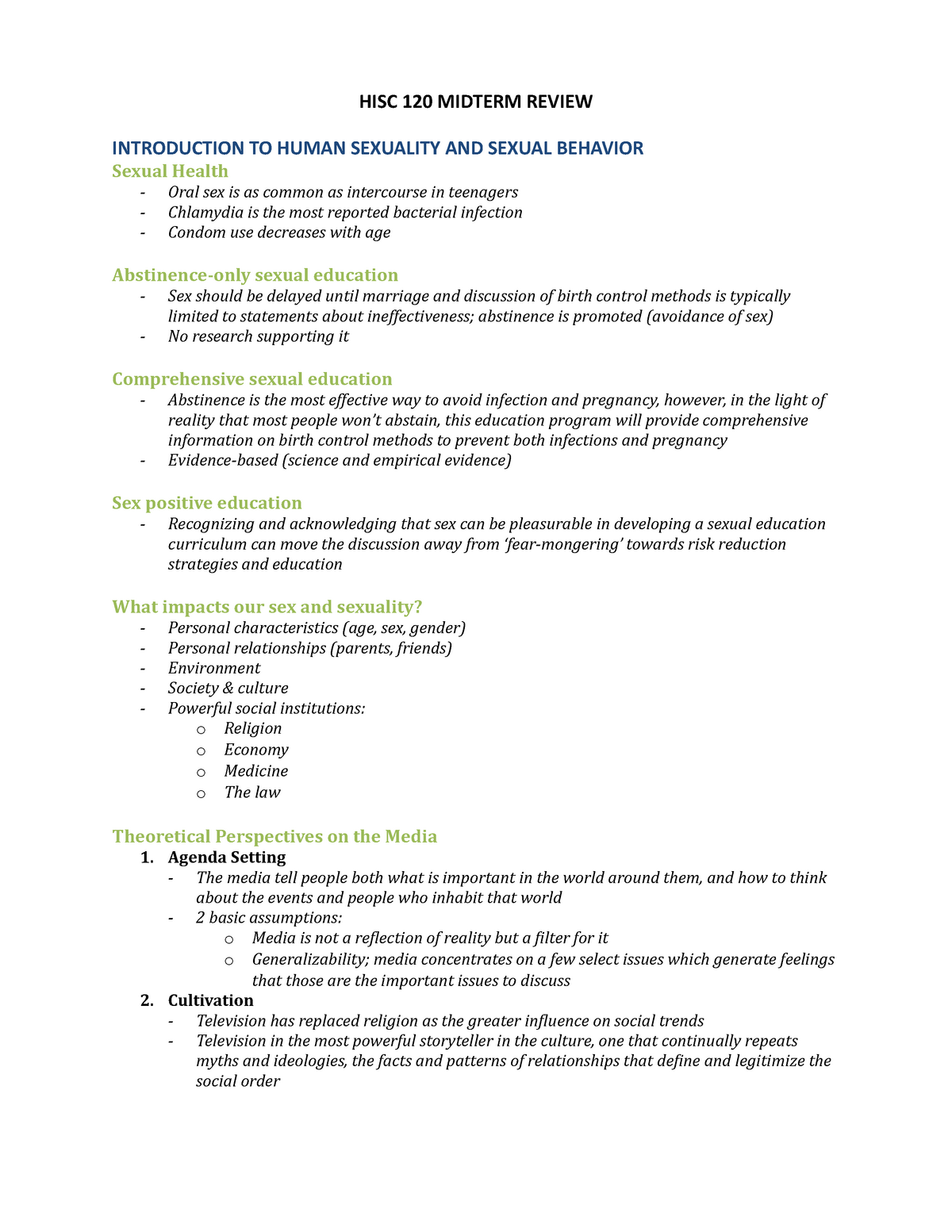 Lecture Notes Lectures 1 6 Hisc 120 Midterm Review Introduction To Human Sexuality And Sexual