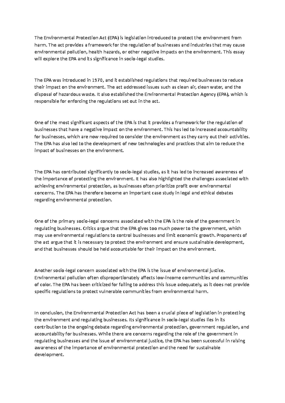 Environment act The Environmental Protection Act (EPA) is legislation