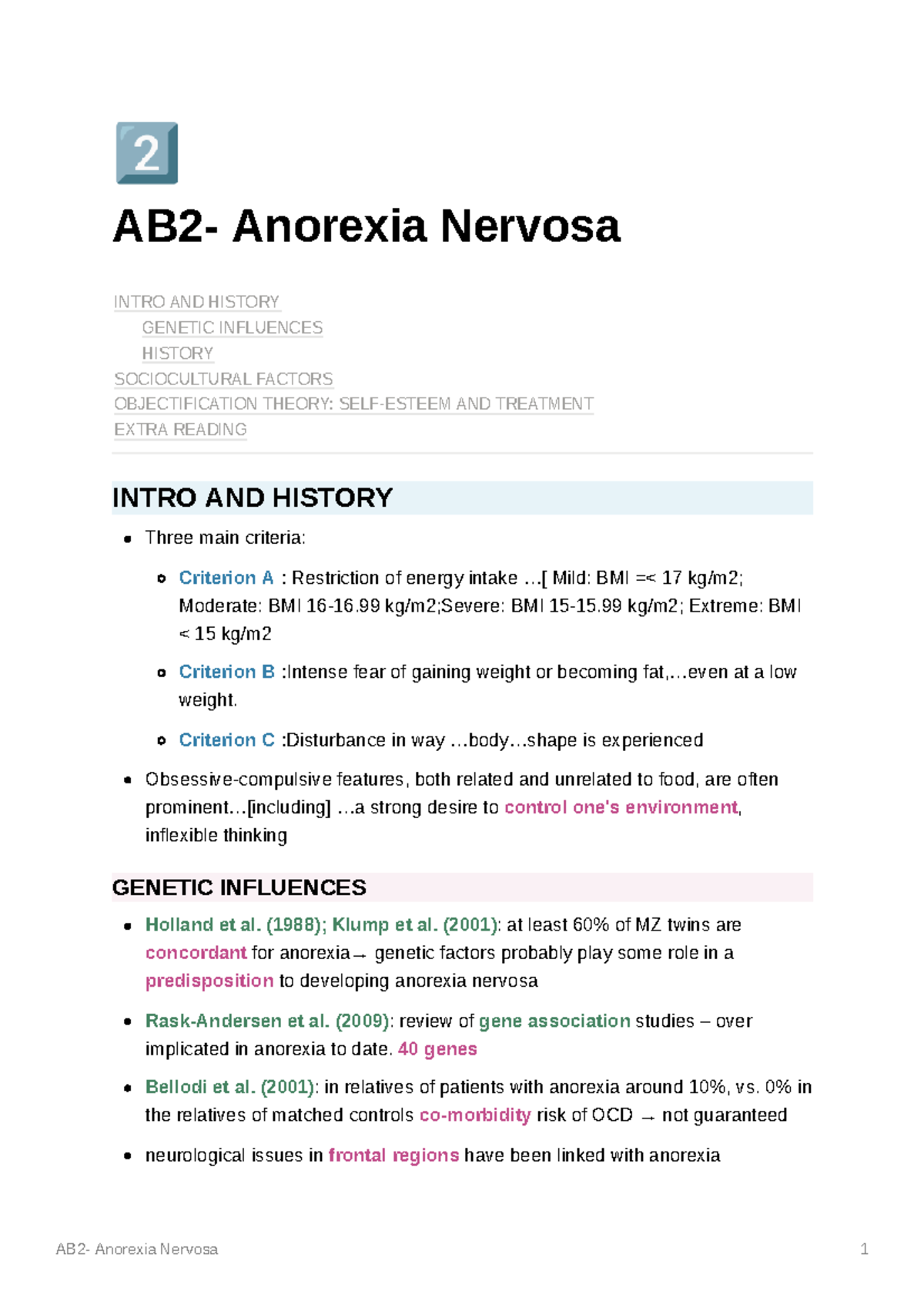 AB2- Anorexia Nervosa - Notes for lecture 6 of abnormal psychology - ± ...