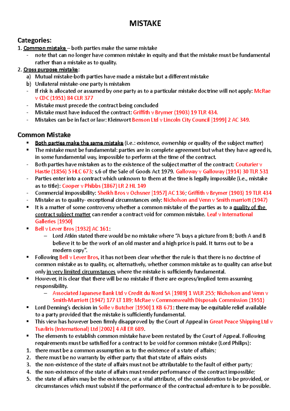 Mistake Contract Law - LAW1099 - GRE - Studocu