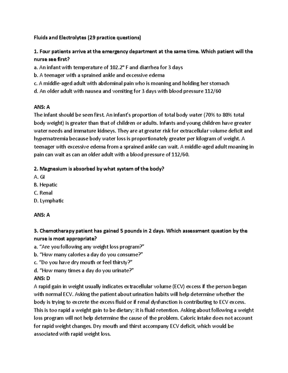 Fluids and electrolytes exam practice quiz Fluids and Electrolytes