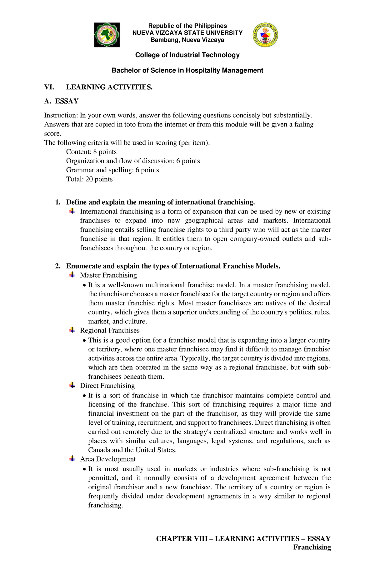 Franchising - Chapter VIII - Learning Activities - Essay - Republic of ...