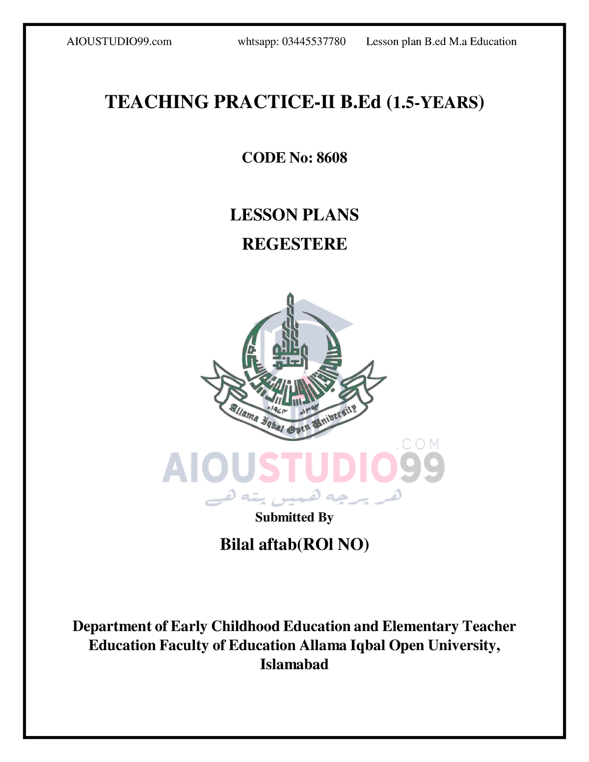 Lesson PLAN By Aioustudio 99 - ####### AIOUSTUDIO99 Whtsapp ...