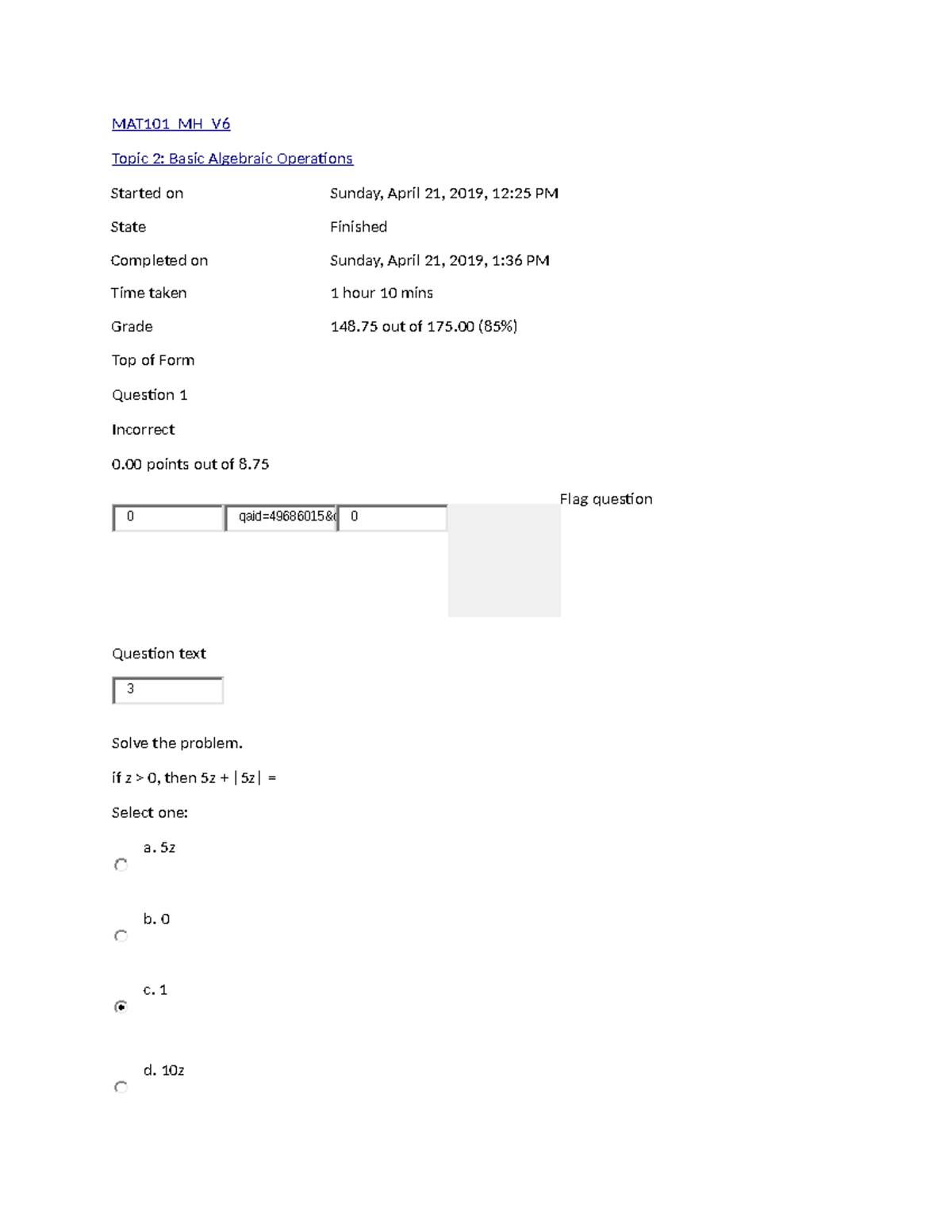 Exam 1 148 - straighterline math - MAT101_MH_V Topic 2: Basic Algebraic ...