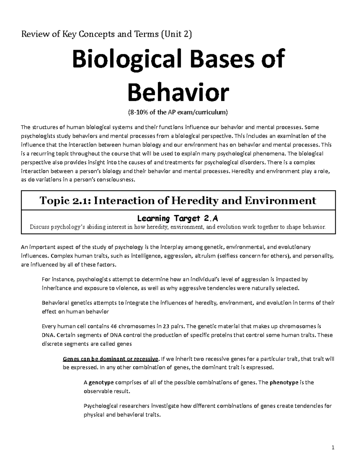 Copy Of Review (Unit 2) - Biological Bases Of Behavior - Review Of Key ...