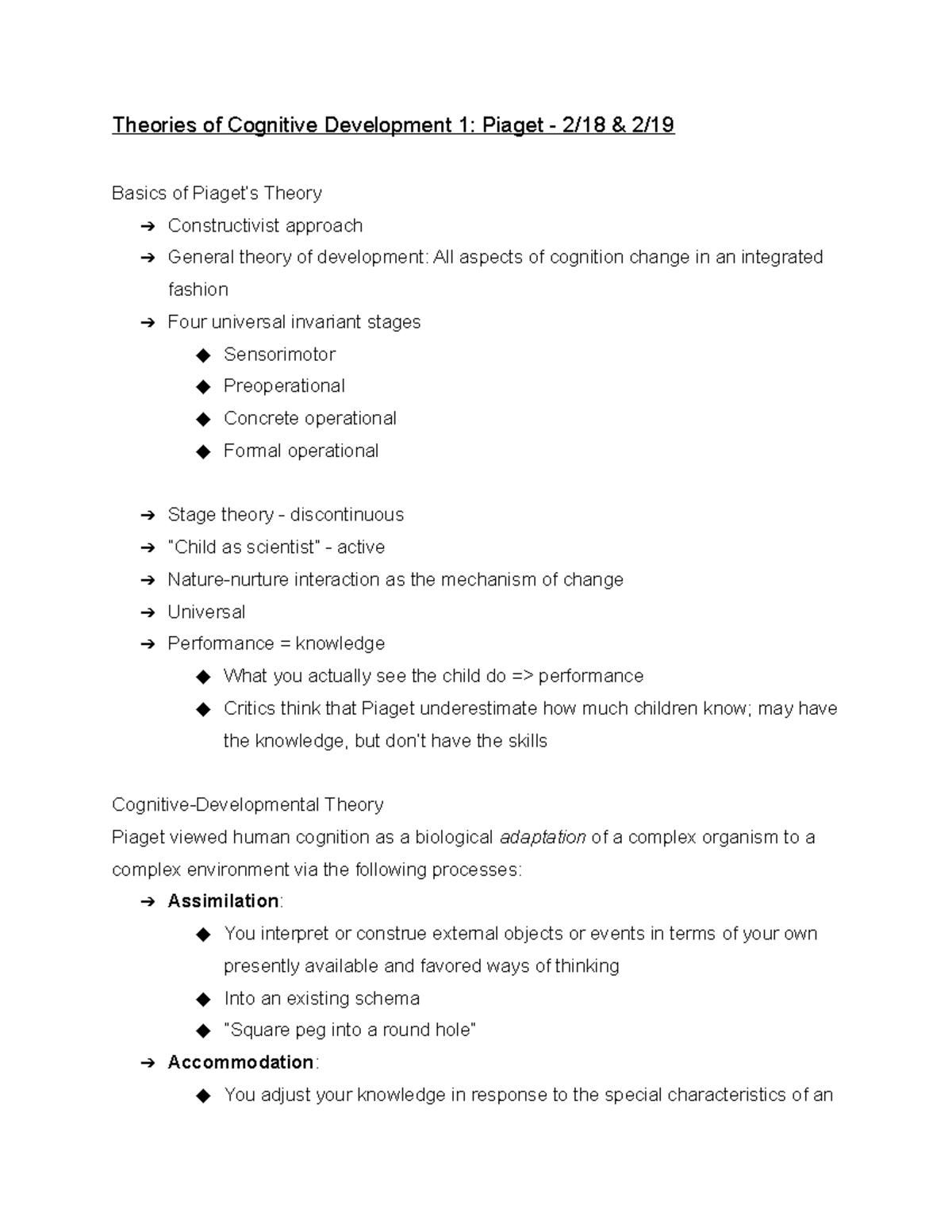 Developmental Psychology PS241 - 2/18-2/19 - Theories of Cognitive ...