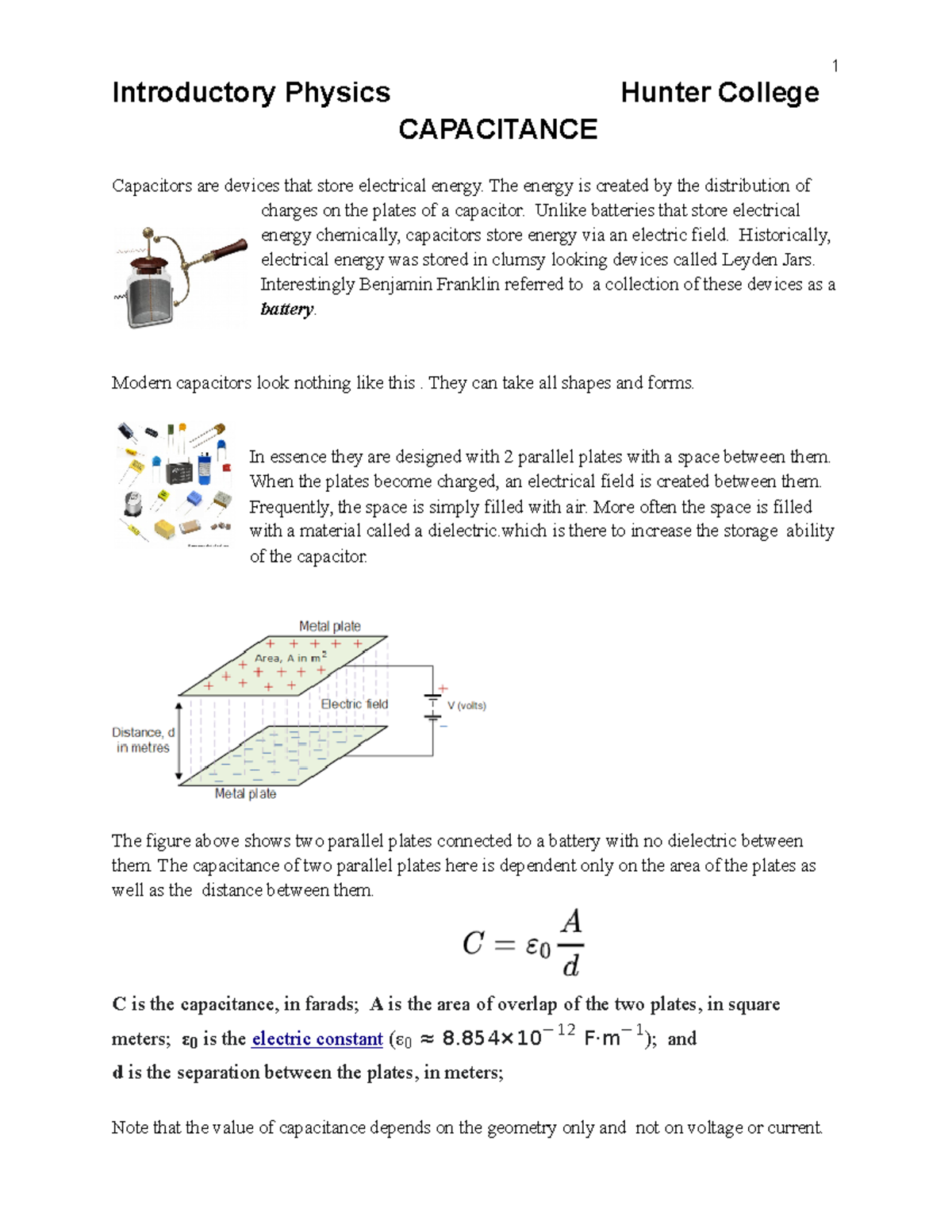 005 Capacitance (1) for lab report Introductory Physics Hunter