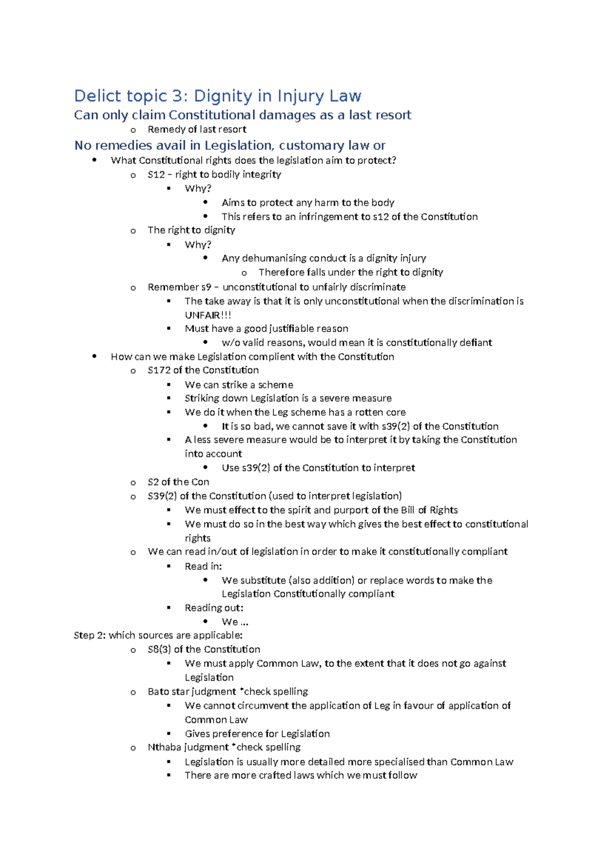 Chapter 3 notes - Summary law of delict - Delict topic 3: Dignity in ...