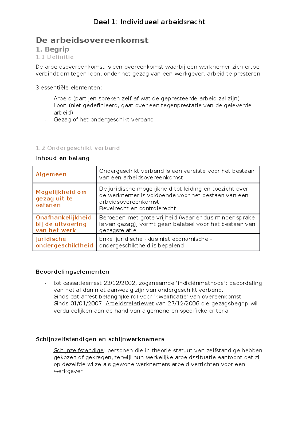 Deel1 Individueel Arbeidsrecht - De Arbeidsovereenkomst 1. Begrip 1 ...