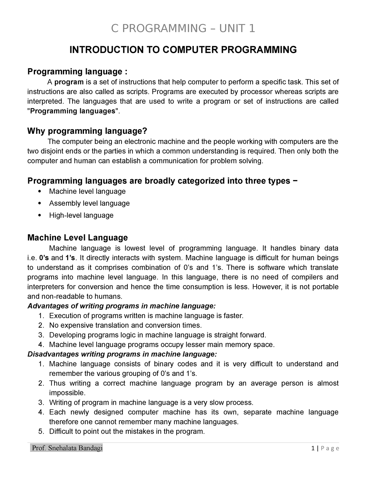 C Unit1 - Introduction to C Programming - Bachelor of Computer ...