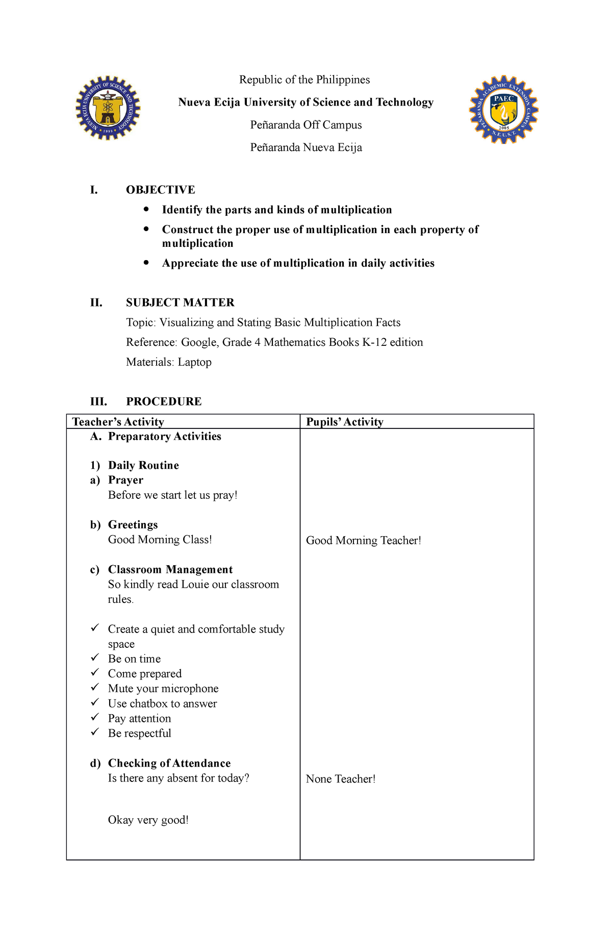 Detailed Lesson Plan (aMATH 2) Properties of Multiplication - Republic ...