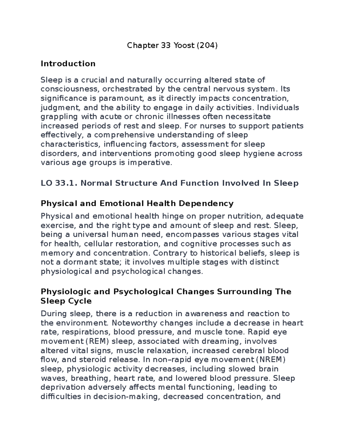 Chapter 33 Yoost - Notes - Chapter 33 Yoost (204) Introduction Sleep Is ...