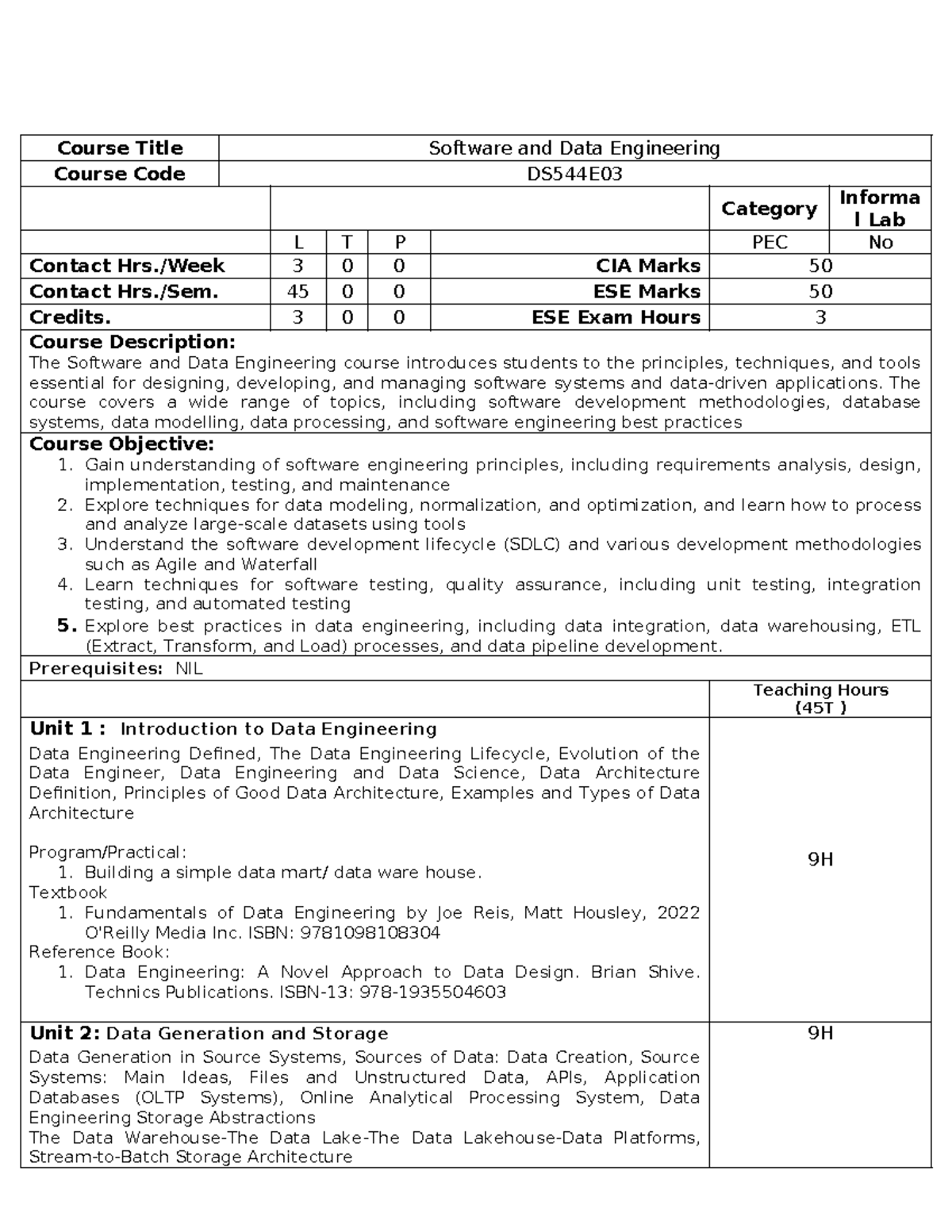 software engg & Data engg - Course Title Software and Data Engineering ...