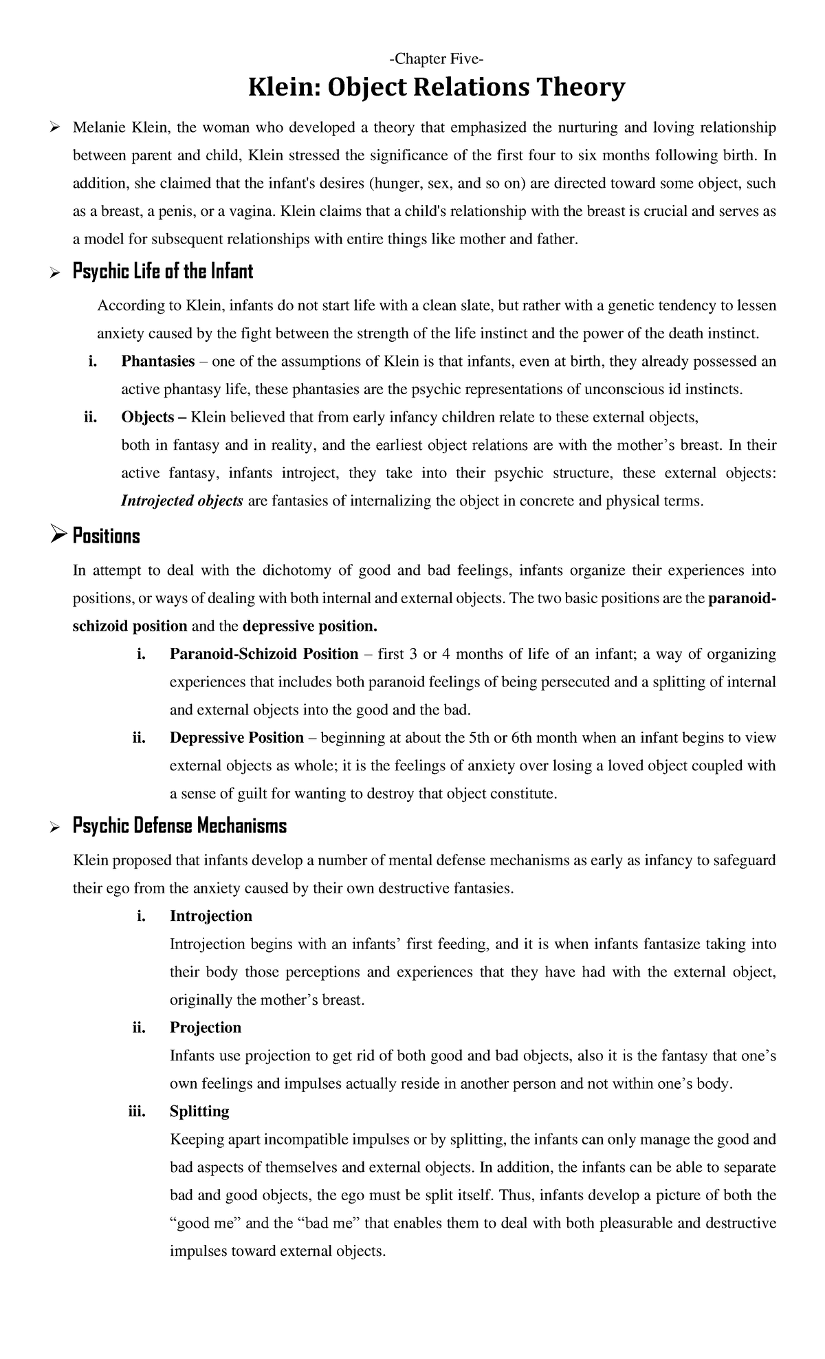 Chapter Summary Klein Chapter Five Klein Object Relations Theory 