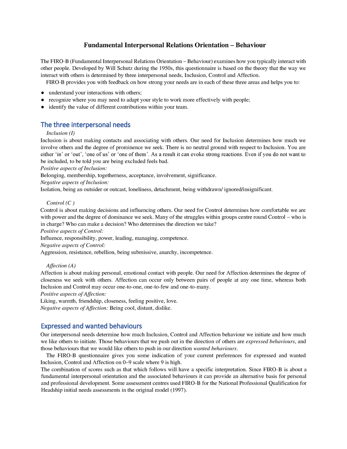 Fundamental Interpersonal Relations Orientation – Behaviour - Developed ...