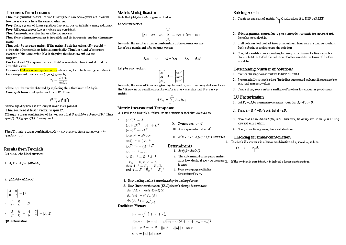 MA1508E - Cheatsheet Midterm - Theorems From Lectures Thm If Augmented ...