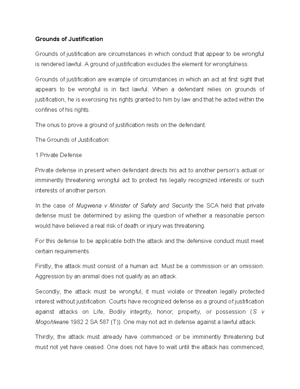 Law of Delict, Tut 1 - Grounds of Justification Grounds of ...