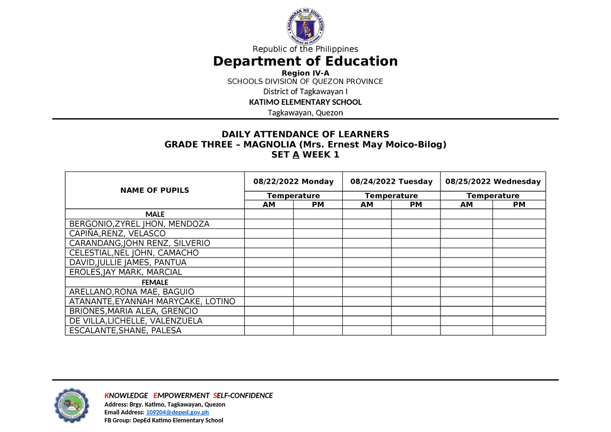 Daily attendance - Republic of the Philippines Department of Education ...