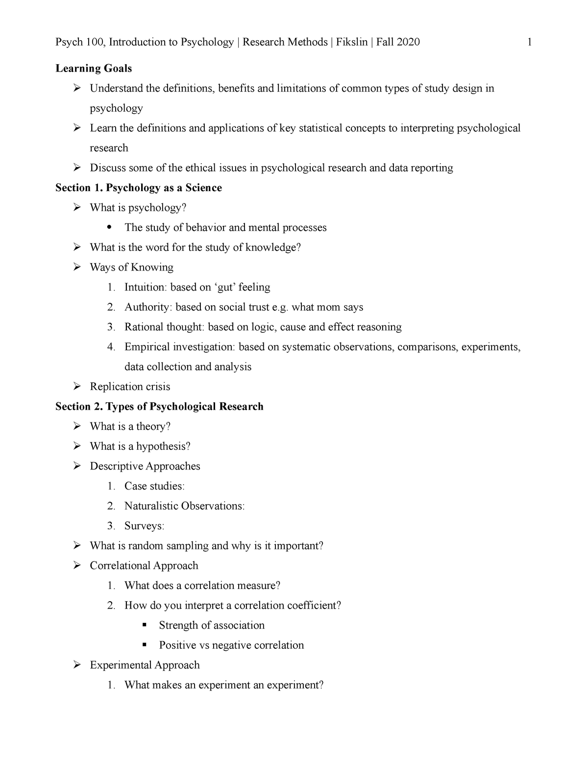 Kit #1 2020 - Lecture Notes - Psych 100, Introduction To Psychology 