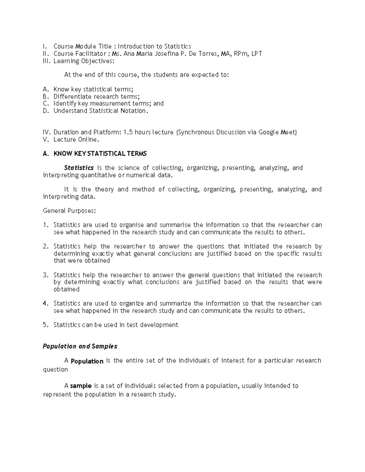 Introduction to Statistics Lecture Summary - I. Course Module Title ...