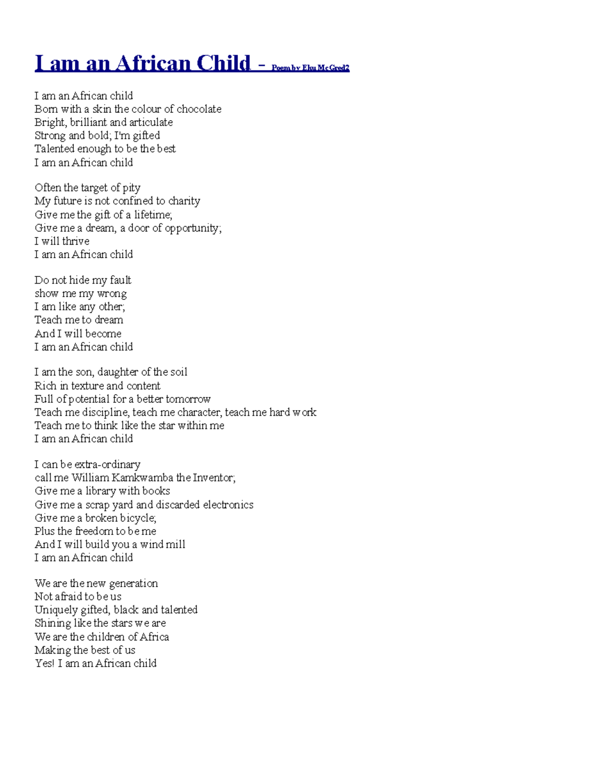 I am an African Child yftiutfiujtfujtf I am an African Child Poem