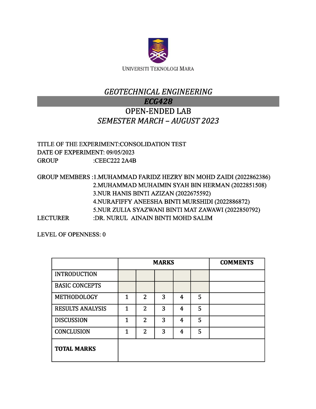 LAB Report Consolidation TEST - Civil Engineering - Studocu