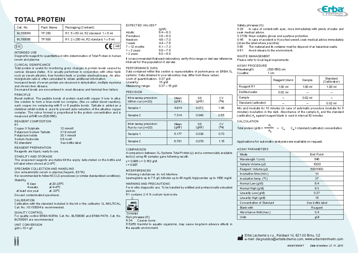 Total Protein BLT00054 55 - Erba Lachema s.r., Karásek 1d, 621 00 Brno ...