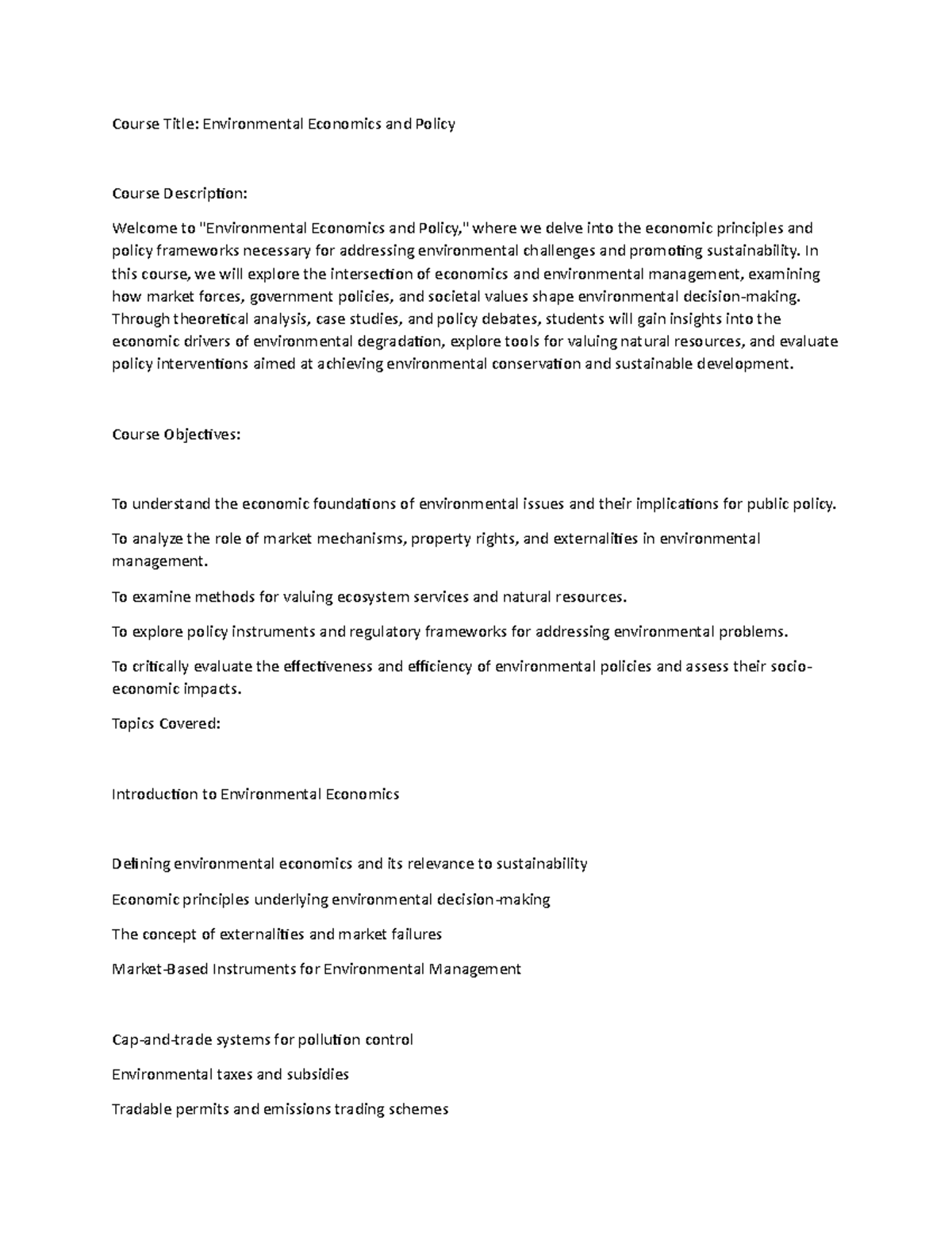 Economy Policy - Economic - Course Title: Environmental Economics and ...