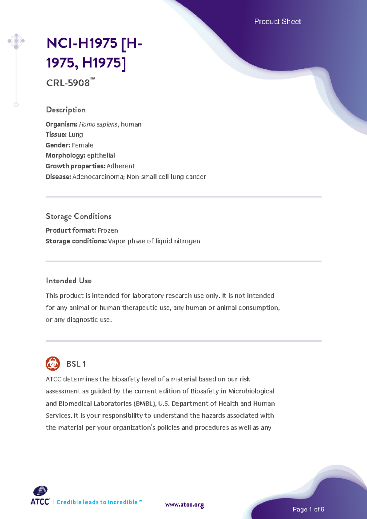 CRL-5908 Product Sheet - NCI-H1975 [H-1975, H1975] - NCI-H1975 [H- 1975 ...
